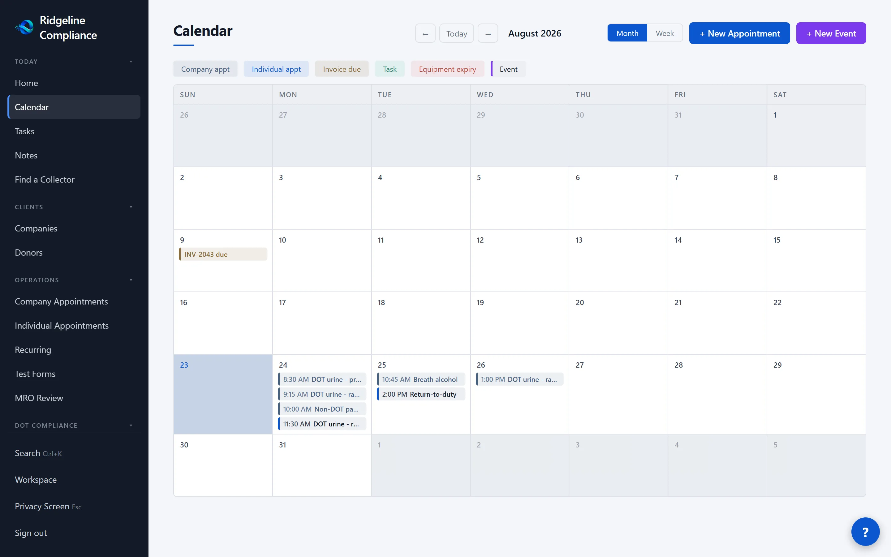 The Olentra calendar, showing scheduled company and individual appointments for the month.