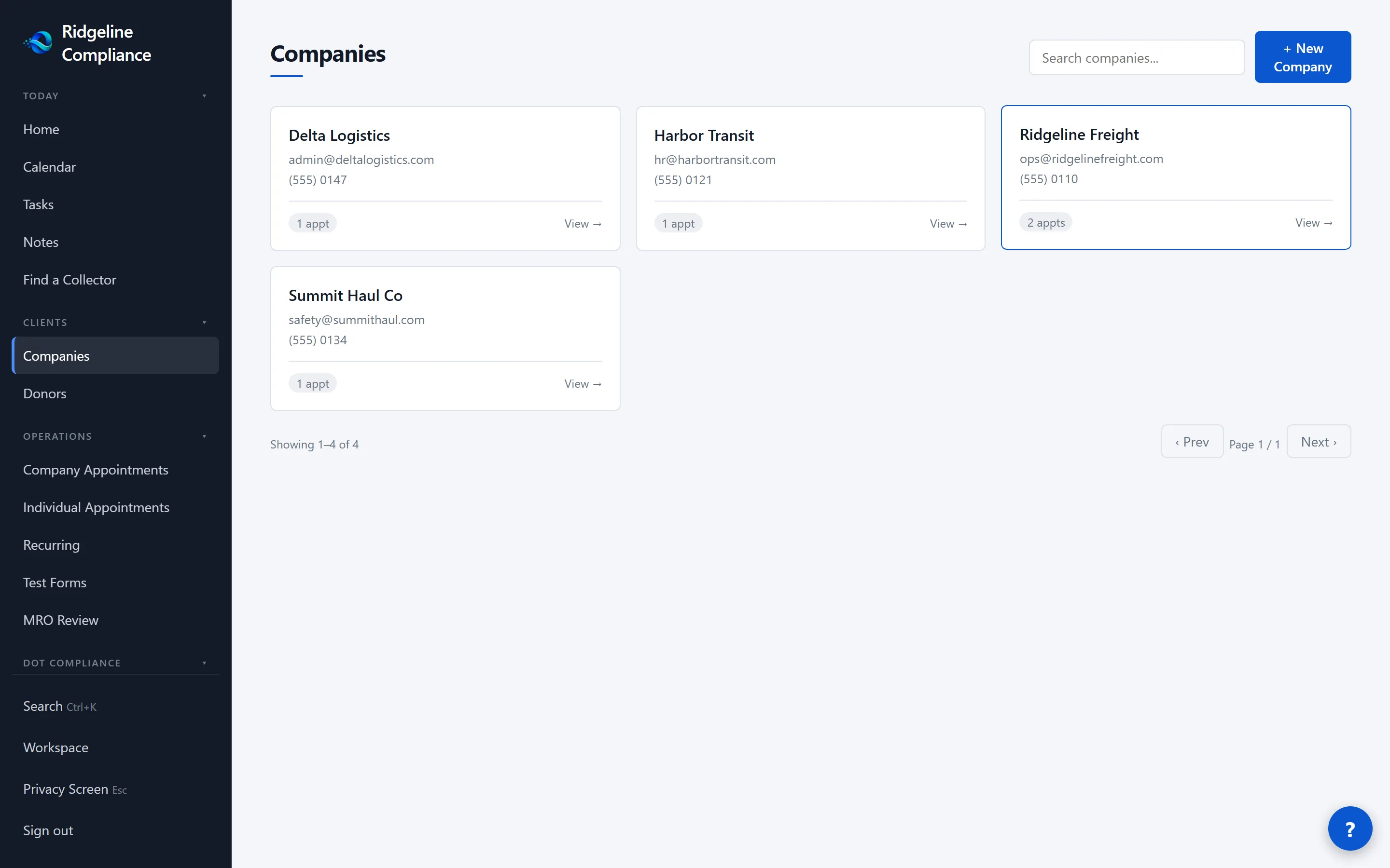 The Olentra companies screen, listing client companies and their contact details.