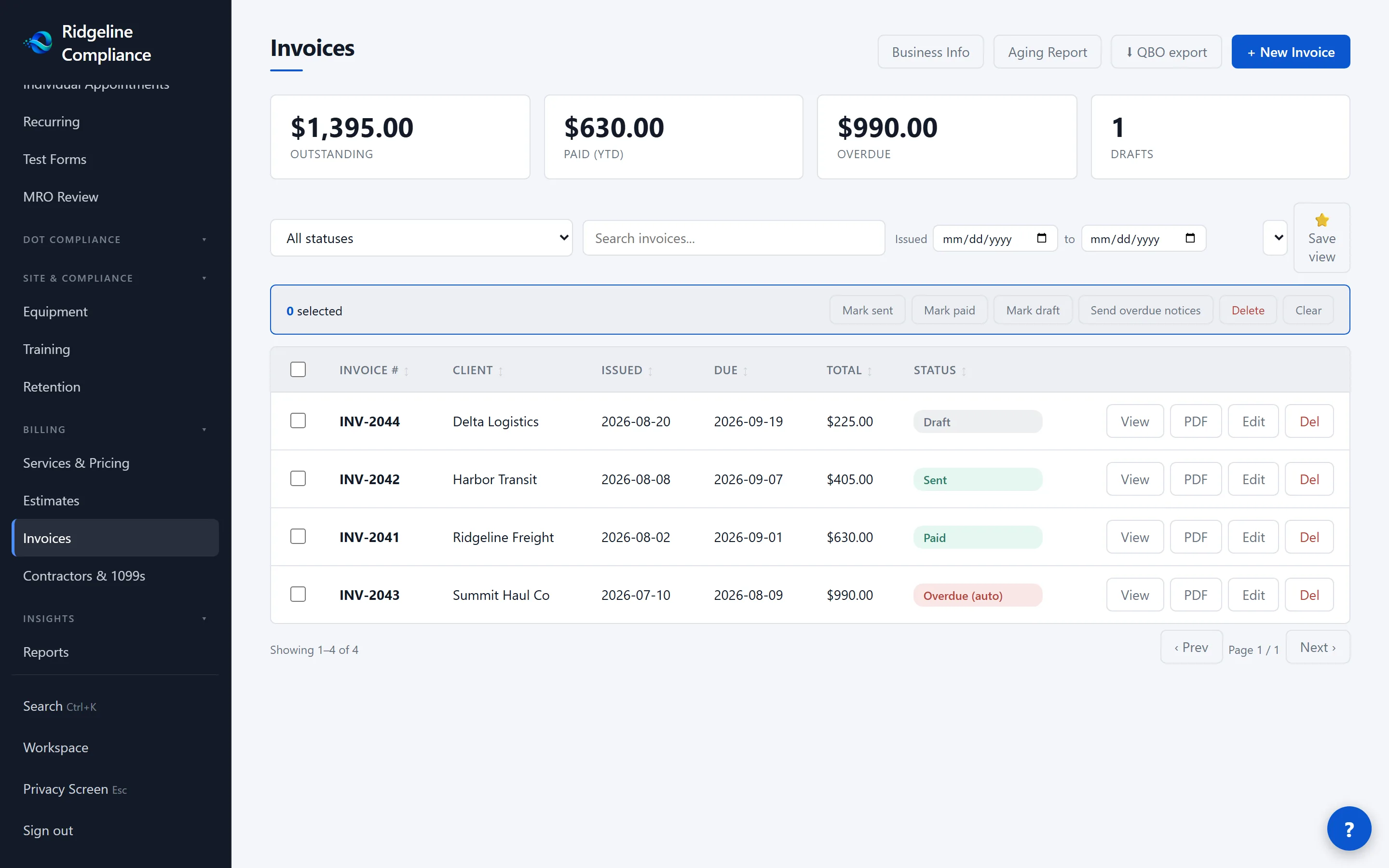 The Olentra invoices screen, showing invoice totals, statuses and aging.