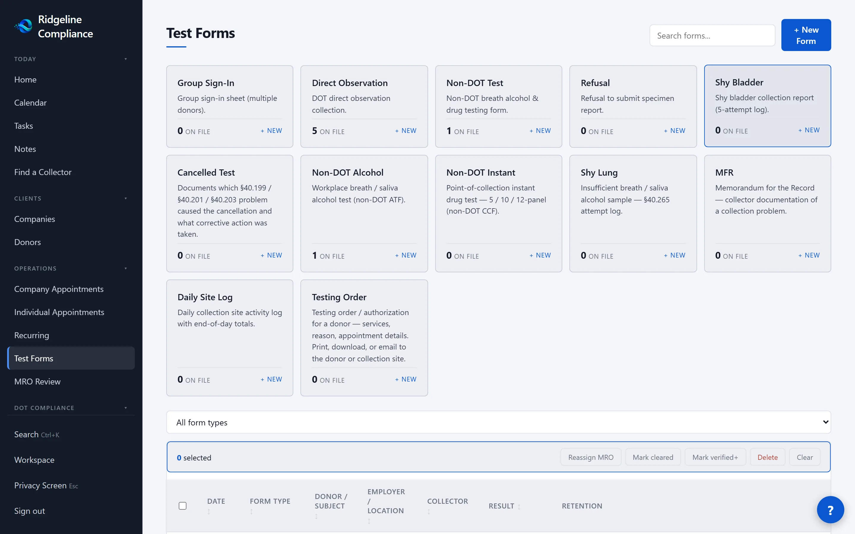 The Olentra test forms screen, listing collection forms and their status.